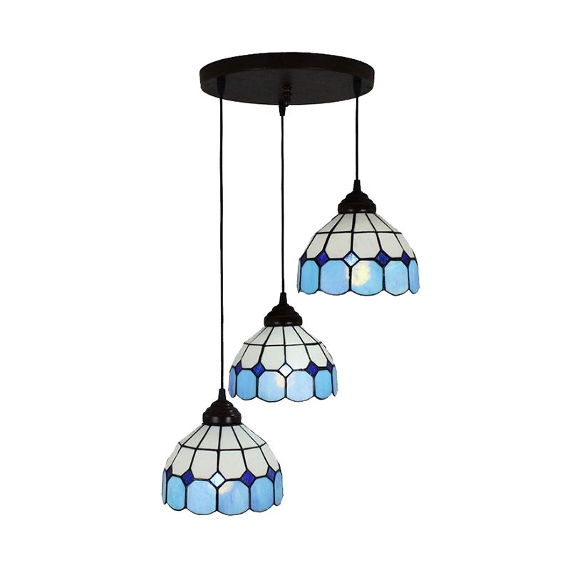 Bowl Hanging Light Fixture Mediterranean Cut Glass 3 Lights Blue Multi Light Pendant for Bedroom