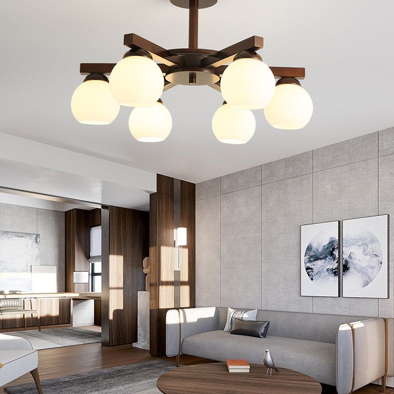 Gewölbte milchgyglas hängende Lampe nordisch dunkler Holz Getreide Kronleuchter für Wohnzimmer