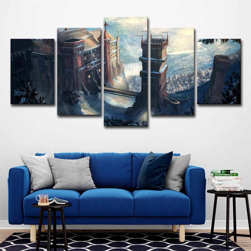 Kids Fantasy Castle Wall Art Blue Multi-Piece Canvas Print for House Interior