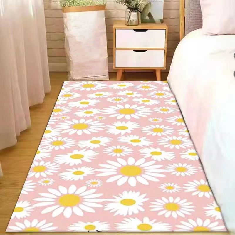 Pink Modern Rug Polyester Chrysanthemum Rug Washable Rug for Drawing Room