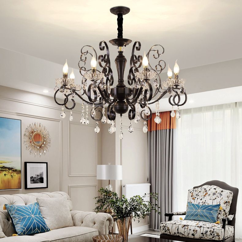 Black American Rustic Style Large Chandelier Vintage Candlestick Design Metal Pendant Light with Crystal Drops