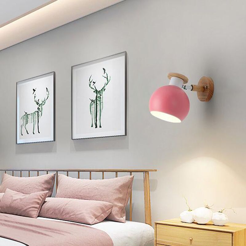Metal Macaroon Globe Wall Lamp Single Bulb Nordic Wooden Mini Bedside Lamp with Adjustable Arm