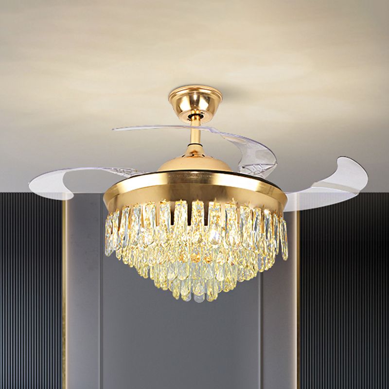 Cascading Deckenventilator Leuchte Einfacher Kristall Rechteck Great Room 19 "W LED Semi Flush in Gold mit 4-Blade