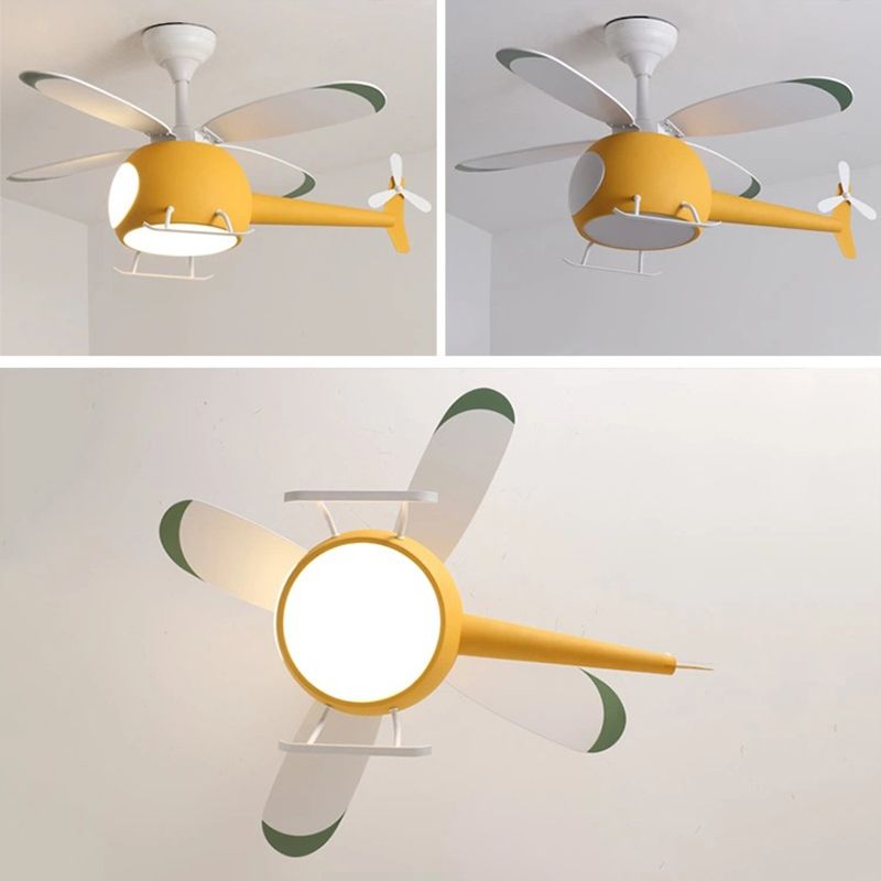 Wooden LED Fan Pendant in Kids Creative Style Iron Airplane Hanging Lamp with Acrylic Shade