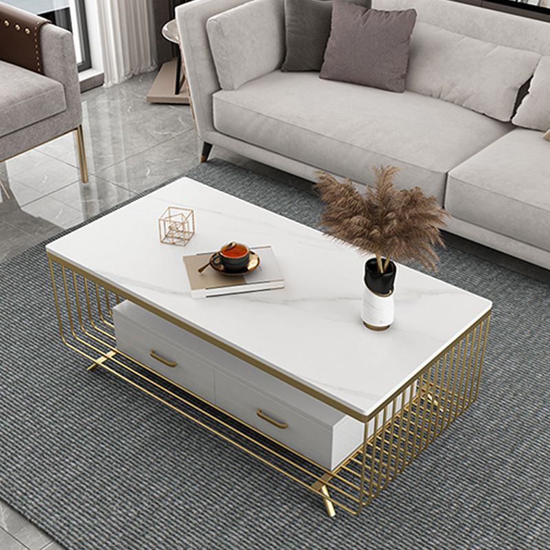 Rectangular Stone 4 Legs Coffee Cocktail Table with 2 Drawers