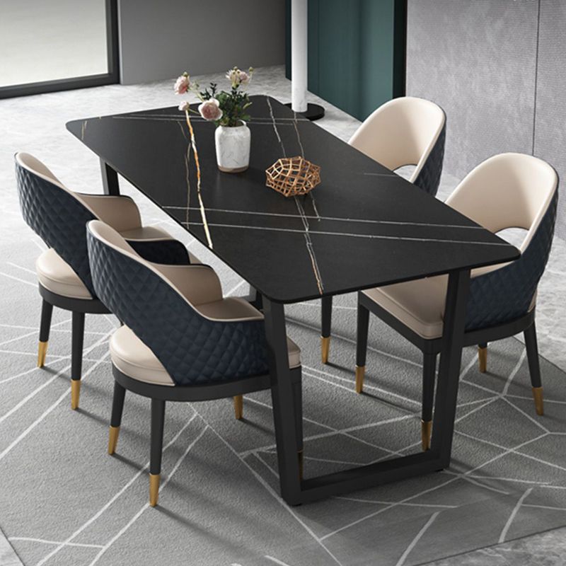 Rectangle Black Base Dining Table Modern Stone Double Pedestal Table