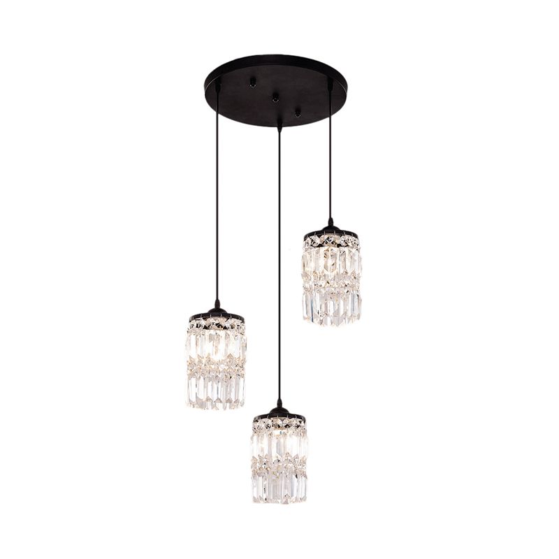 Cylinder Crystal Block Hanging Light Contemporary 3 Lights Black Cluster Pendant Light with Round/Linear Canopy