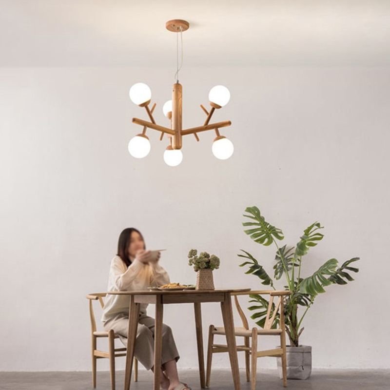 Hölzerner Baumzweig Kronleuchter nordischer Hängelampe mit Kugel Opalinglas Schatten