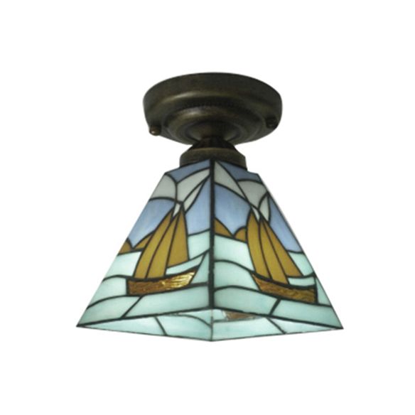 Nautical Sailboat Flush Light Stained Glass 1 Light Flush Ceiling Light in Blue for Bathroom