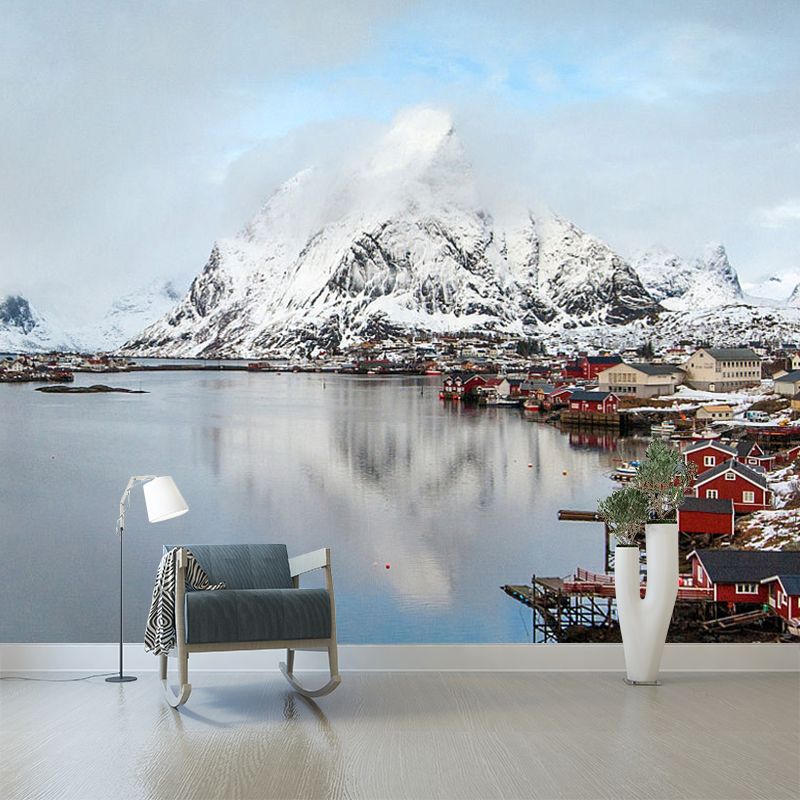 Whole Modern Wall Mural White Riverside Town at the Foot of Snow Mountain Wall Art, Custom Made