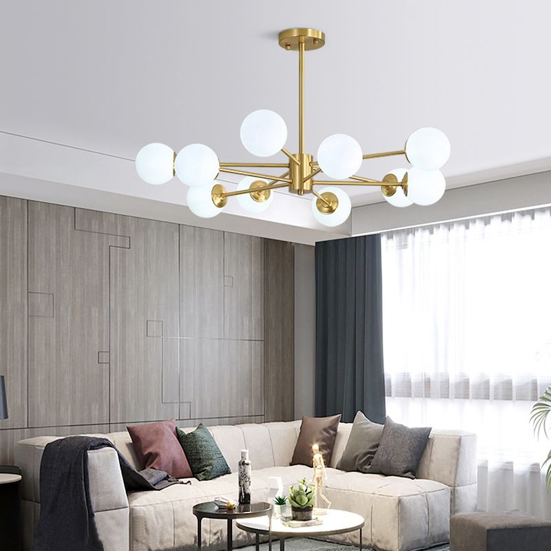 Postmodernism Balls Chandelier Ivory Glass Living Room Hanging Light with Burst Design in Gold