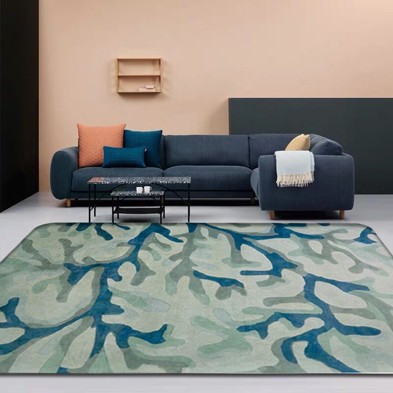Blue Modernism Rug Polyester Branch Pattern Rug Pet Friendly Machine Washable Anti-Slip Backing Carpet for Decoration