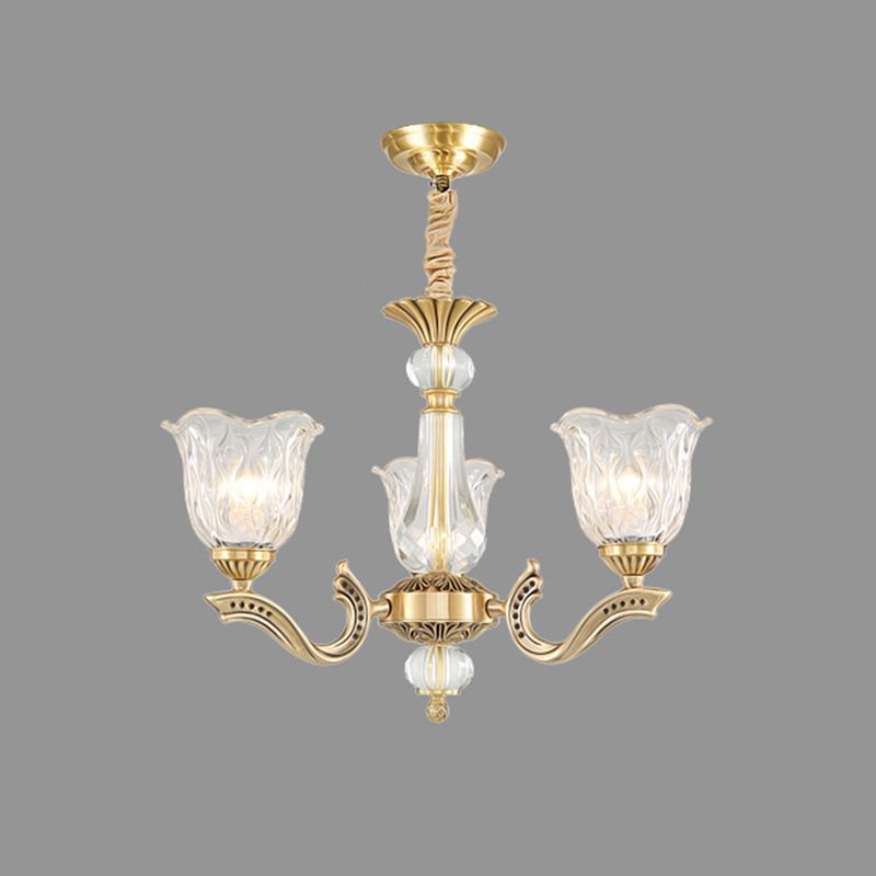 3 Lights Chandelier Lighting Antique Scalloped Clear Crystal Glass Suspension Lamp in Gold