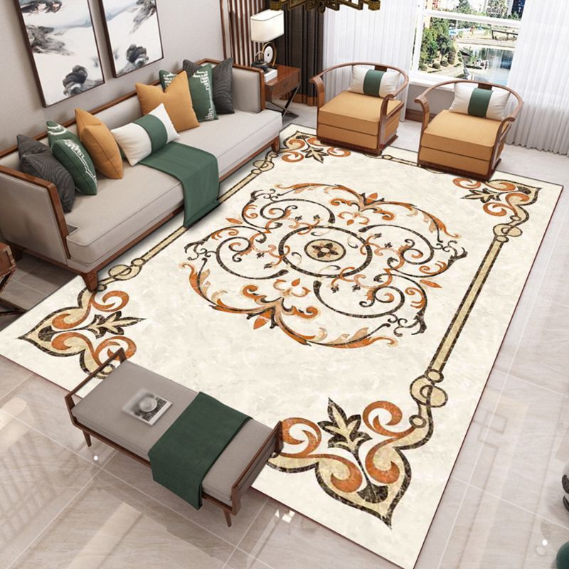 Victoria Floral Pattern Rug White Polyster Carpet Washable Area Carpet for Living Room