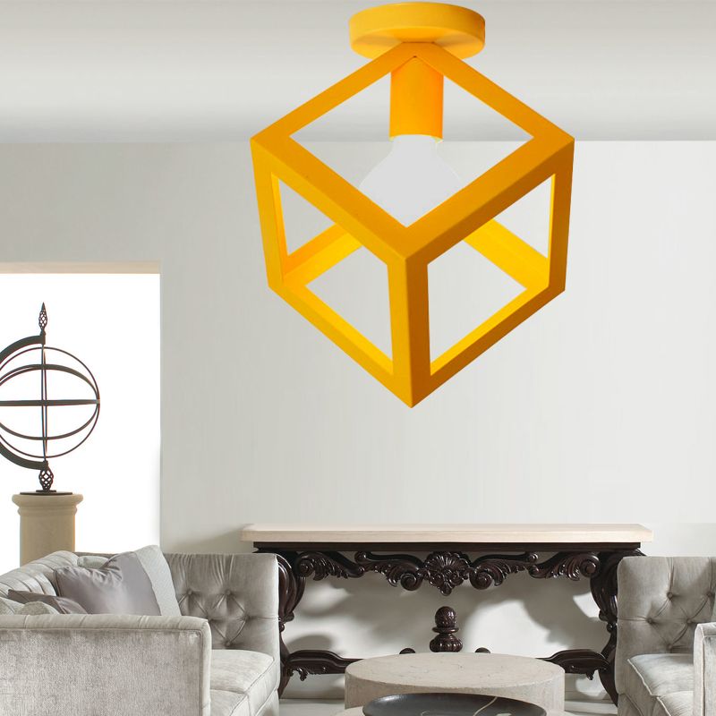 1 Light Squared Ceiling Mounted Light with Wire Guard Loft Style Black/Gray Metallic Semi-Flush Lighting for Bedroom