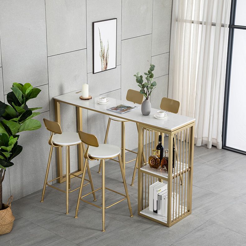 White Rectangle Faux Marble Top Bar Table Industrial Double Pedestal with Shelves