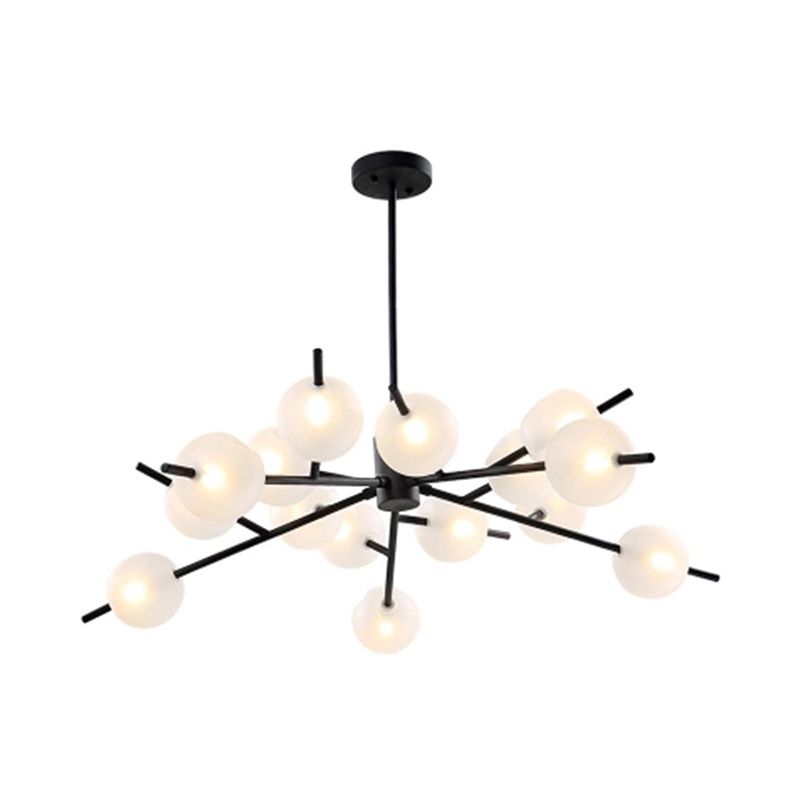 Modern Branched Ceiling Pendant Lamp Metal 15 Bulbs Parlor Chandelier Light in Black/Gold with Orb Frosted Glass Shade Insert