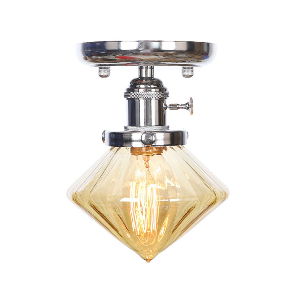 1 Bulb Semi Flush Mount Cone/Bell/Rhombus Industrial Clear/Amber Glass Ceiling Light in Chrome