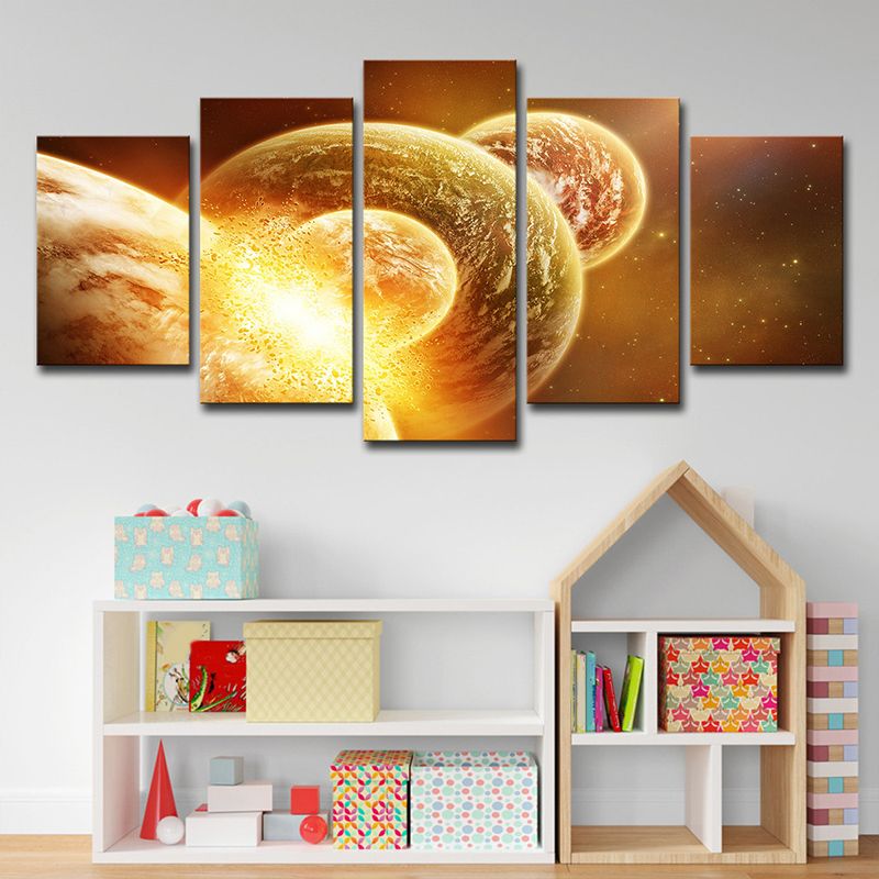 Gold Planets Wall Art Outer Space Sci-Fi Multi-Piece Canvas Print for Dining Room