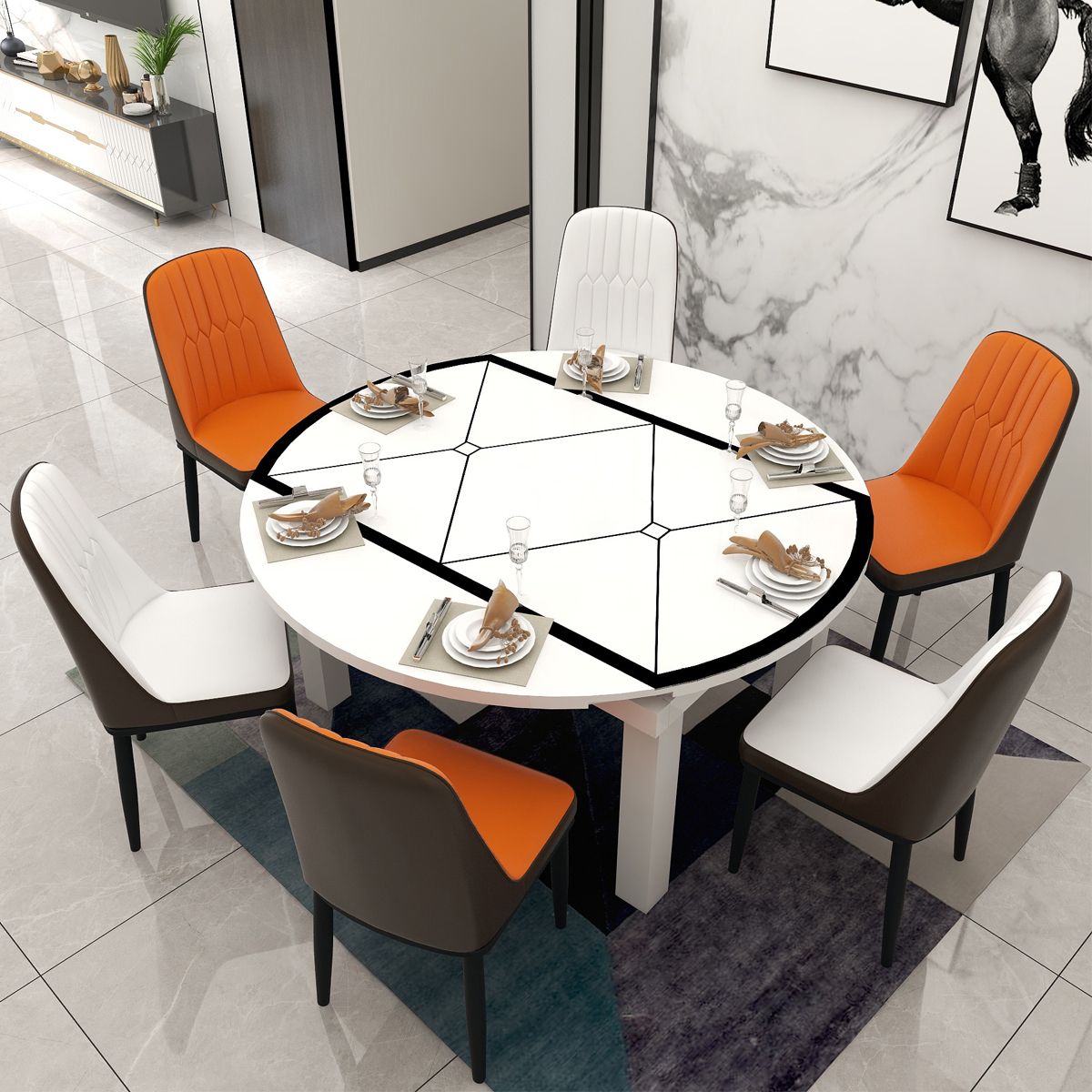 Modern Extendable Round Glass Top Dining Table with Solid Wood Legs