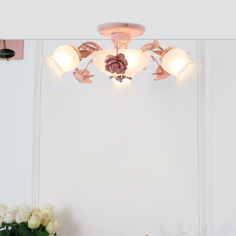 Korean Garden Flower Semi Flush Mount Frost Glass Ceiling Mounted Light for Bedroom