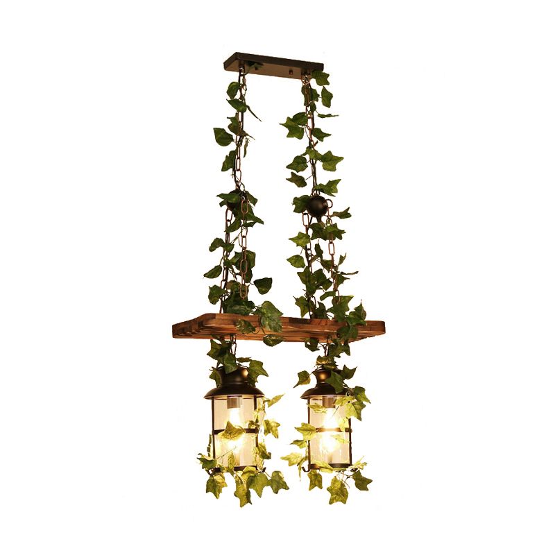 Lantern Restaurant Island Ceiling Light Retro Wooden 2/3 Heads Pink/Green LED Drop Lamp with Plant/Flower Decor