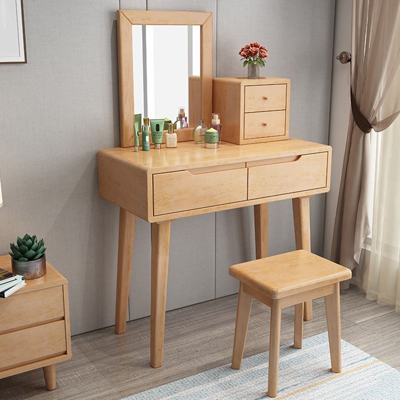 Contemporary Solid Wood Makeup Table Vanity Stool with Drawers and Mirror