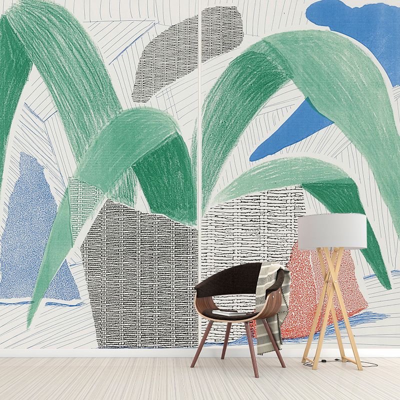 Art Potted Plant Wall Mural Decal in Blue-Green Living Room Wall Covering, Personalized Size