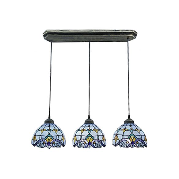 Victorian Dome Pendant Light Stained Glass 3 Heads Linear/Round Hanging Light in White/Blue for Dining Room