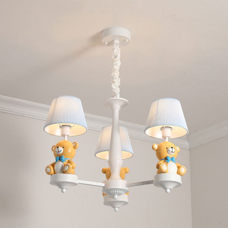Pleated Shade Ceiling Pendant Cartoon Fabric White Chandelier Light with Bear Figurine for Child Room