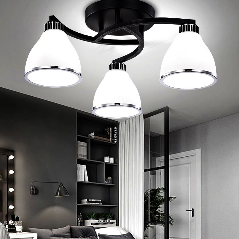 Modern Bell Shaped Flush Lamp White Glass Living Room Semi Flush Ceiling Light in Black