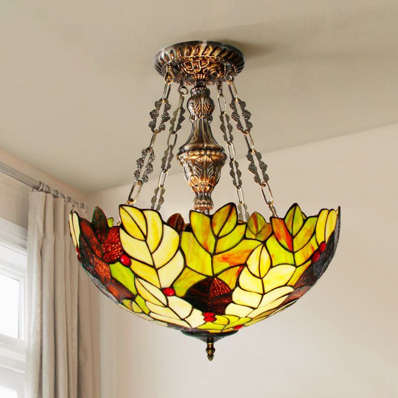Foliage Hand-Crafted Glass Chandelier Baroque 3-Bulb Green Pendant Light Fixture