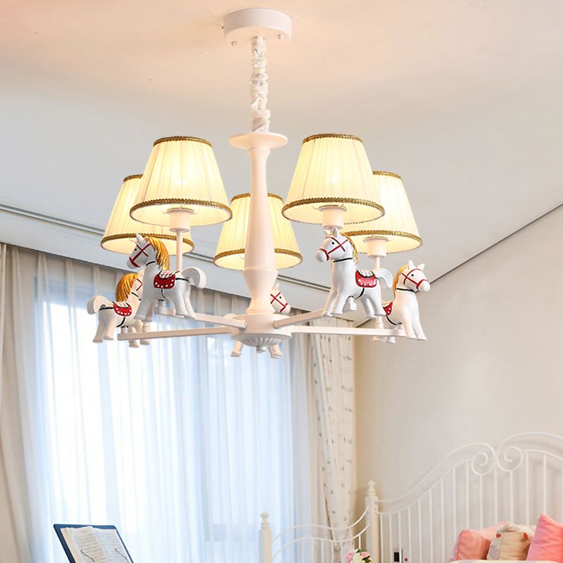 White Horse Chandelier Lamp Childrens Resin Ceiling Pendant Light with Tapered Pleated Fabric Shade