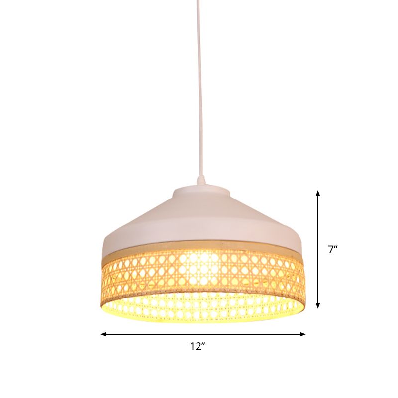 Iron Barn Pendant Light Kit Modernist 1 Head White Ceiling Suspension Lamp with Woven Bamboo Rattan Detail
