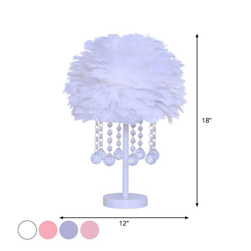Hemisphere Feather Table Lamp Modern Single-Bulb Grey/White/Pink Night Light with Crystal Ball/Drop