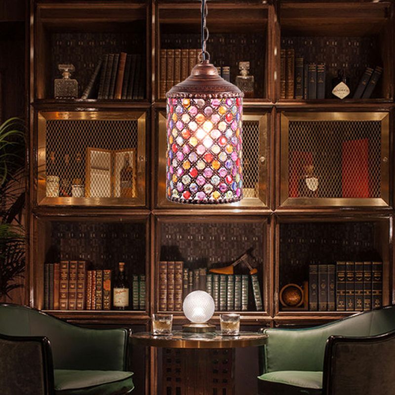 Antique Cylinder Ceiling Pendant Light 1 Bulb Metal Hanging Lamp in Rust for Restaurant