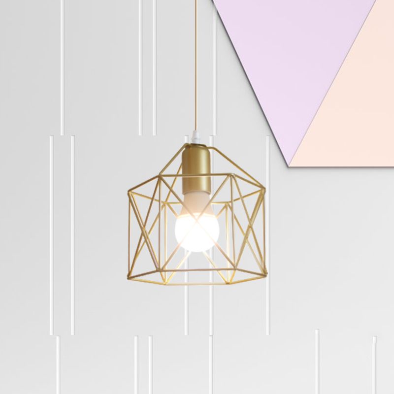 1 Bulb Metal Pendant Light Loft Style Gold Finish Globe/Hexagon Cage Shade Dining Room Hanging Lamp