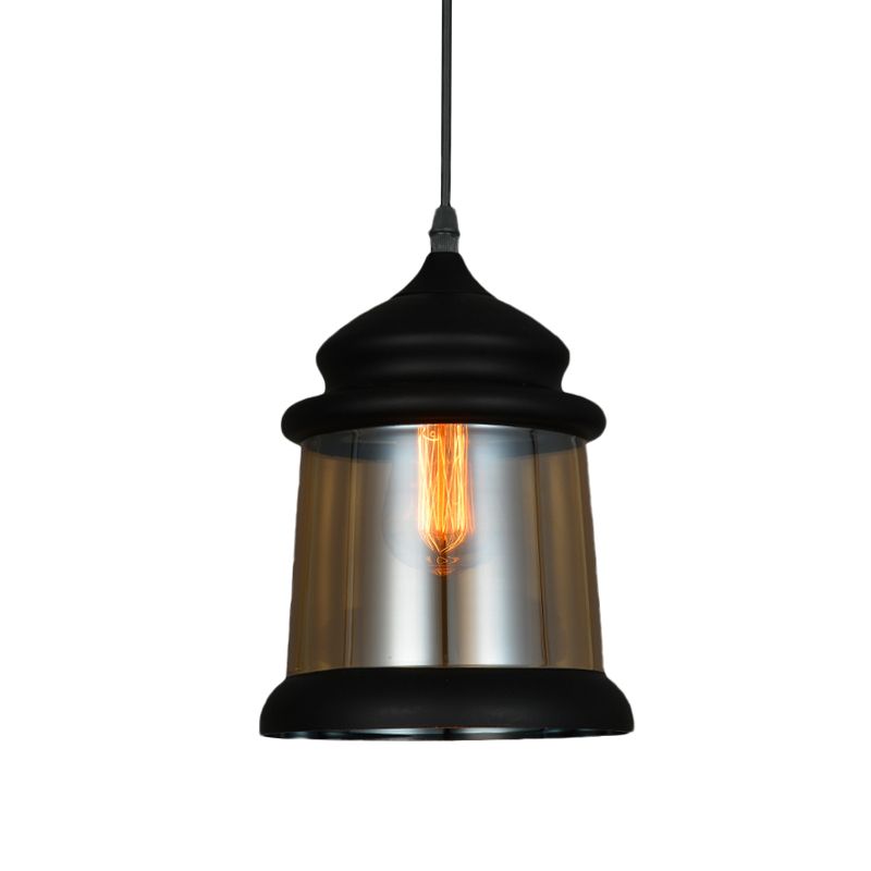 8"/8.5" Wide Cylinder Pendant Lighting Industrial 1 Light Amber Glass Hanging Lamp in Black
