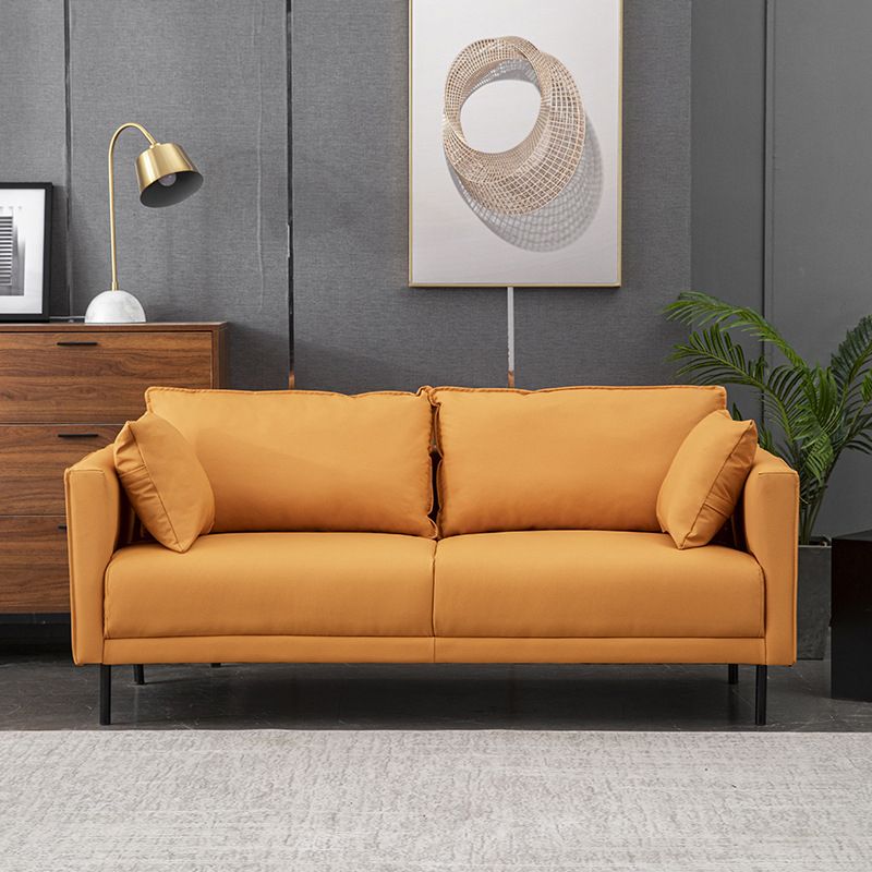 Modern Wooden Rectangular Sofa with Square Armrests and Pillows