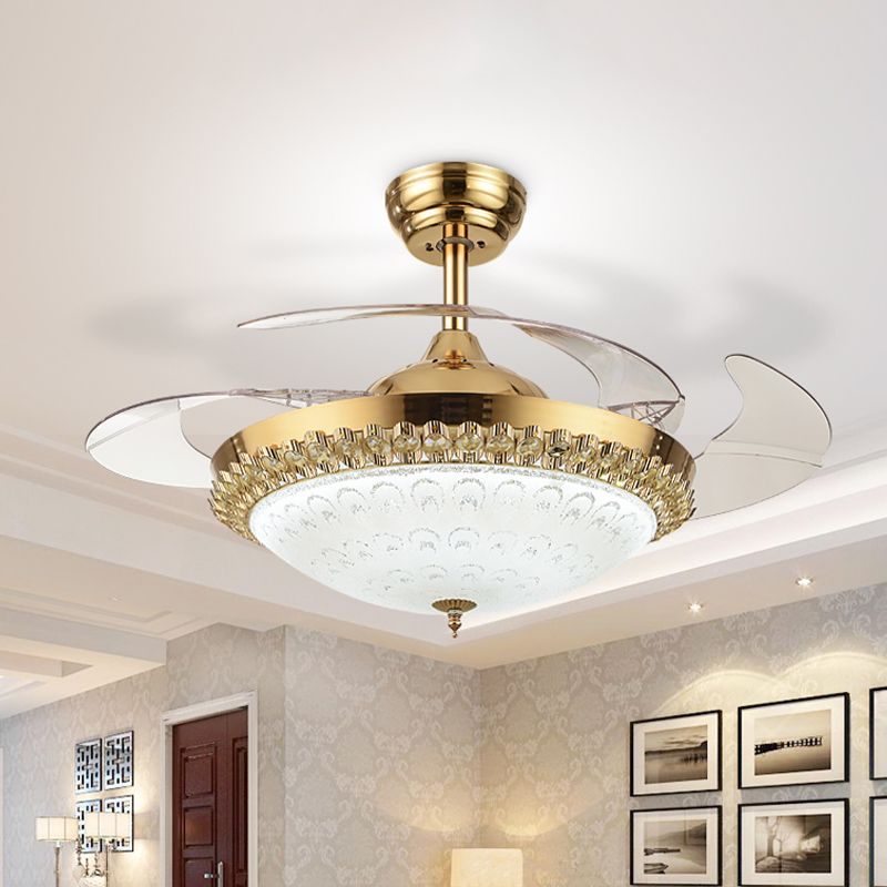 3-Blade-LED-Lüfterleuchte minimalistische Wohnzimmer halb Flush Deckenleuchte mit Schüssel Kristallschatten, 42,5 "breit