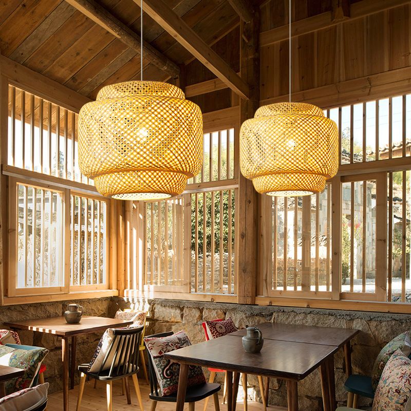 Modern Lantern Ceiling Light Bamboo Single Restaurant Hanging Pendant Light in Wood