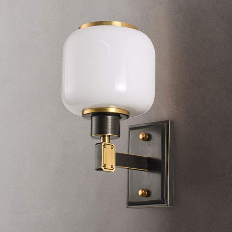 Modern Metal Wall Sconce Lantern Shape Wall Light with Glass Shade for Bedroom