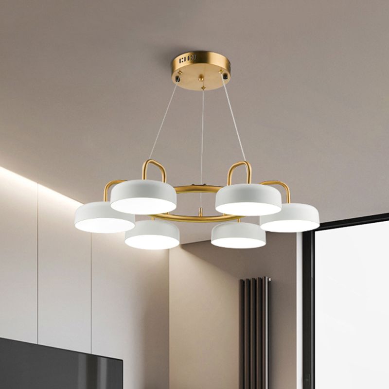 Metallic Drum Anhänger Leuchte modernistische 6-Kopf-LED-Ring-Kronleuchterlampe in Weiß und Gold