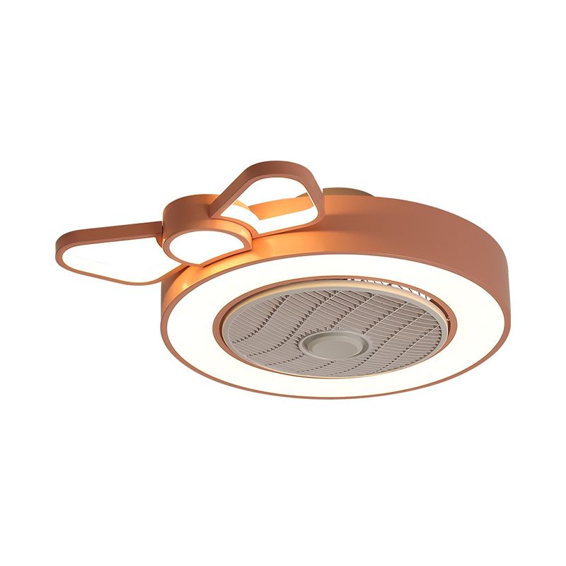 Rosette Round Box Ceiling Fan Light Cartoon Metal Girl's Bedroom LED Semi Flush Mounted Lamp in Pink, 24.5 Inch Wide