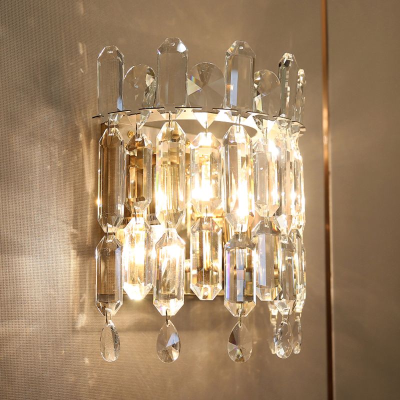 Minimalist Crown-Like Wall Light Fixture Clear Crystal Rod 2-Bulb Bedroom Wall Light Sconce