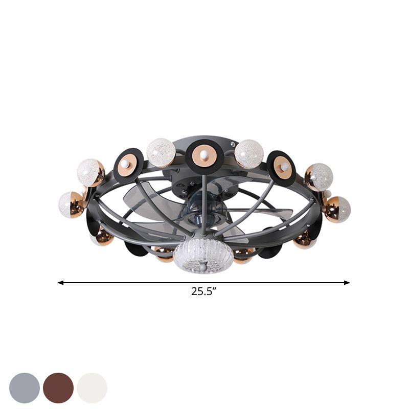 Oval Cage Metallic Pendant Fan Lamp Modernist 25.5" W 11 Heads White/Grey/Coffee Semi Flushmount, 4 Blades