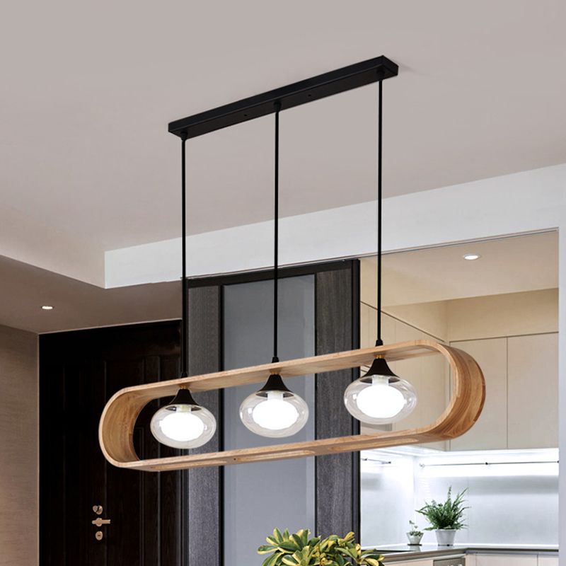 Beige Rectangle Hanging Lighting Modernism 3-Head Wood Cluster Pendant Lamp with Oval Clear Glass Shade