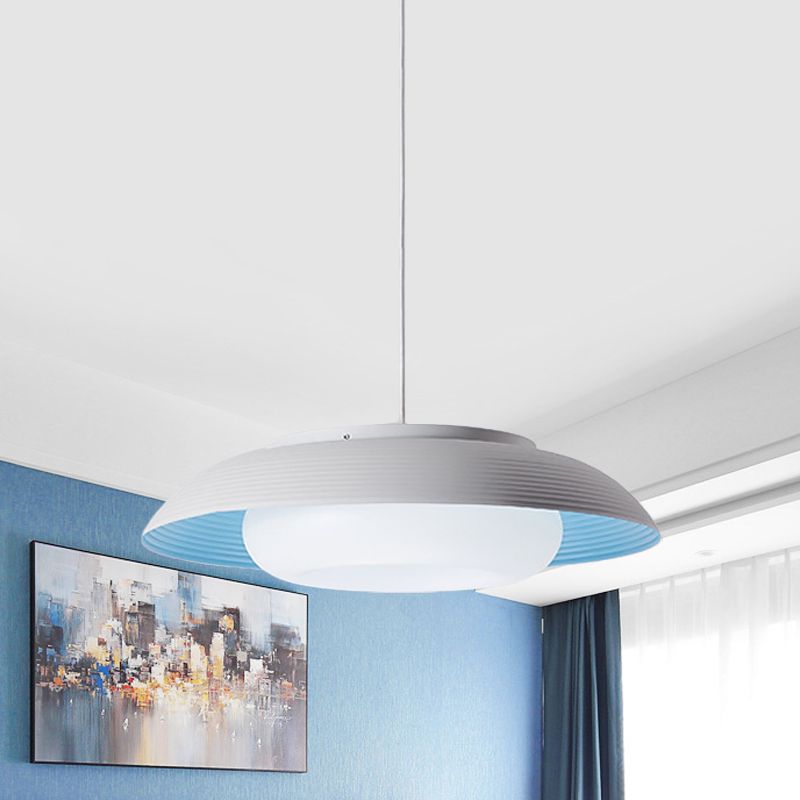 Macaron Wide Bowl Pendant Light Iron Dining Table Suspension Lamp in Black/Blue with Inner Round Shade