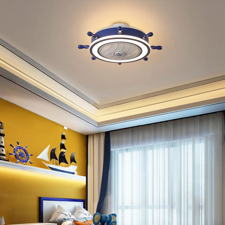 Iluminación de ventilador de timón azul marino LED acrílico Semi Flush Mounte de techo para niños para niños Room