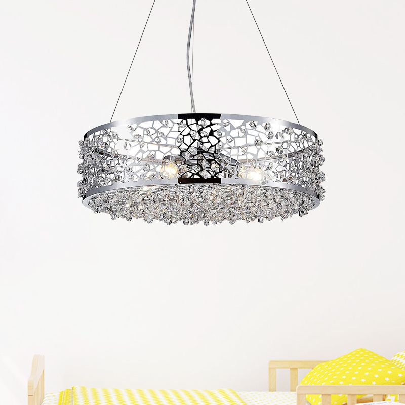 Modernism Drum Shade Pendant Chandelier 4 Lights Crystal Encrusted Hanging Lighting in Chrome